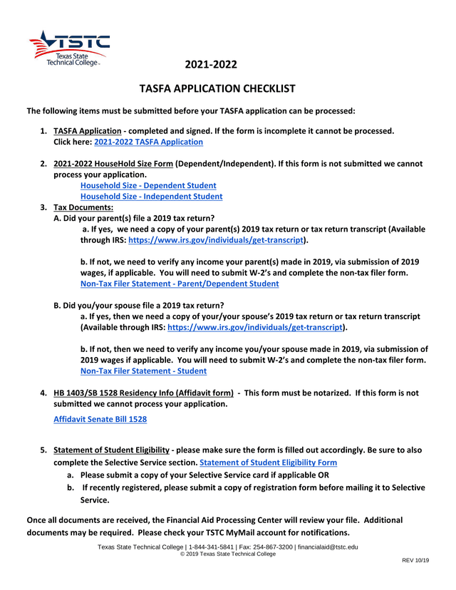 2021 2022 TASFA Application Checklist screenshot