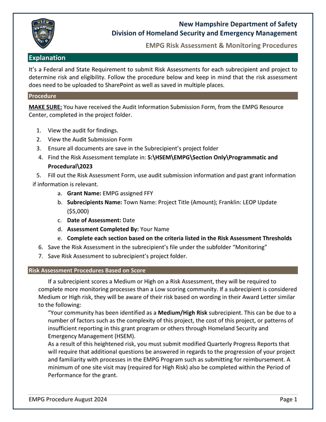 EMPG Risk Assessment  Monitoring Procedures screenshot