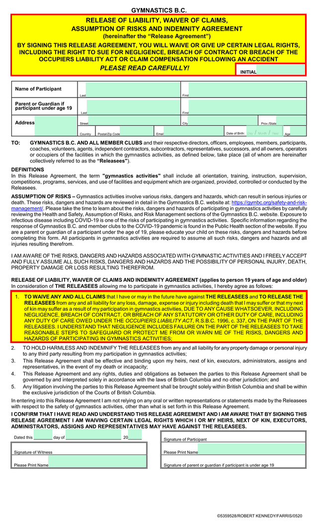 Release Of Liability, Waiver Of Claims, Assumption Of Risks And Indemnity Agreement screenshot