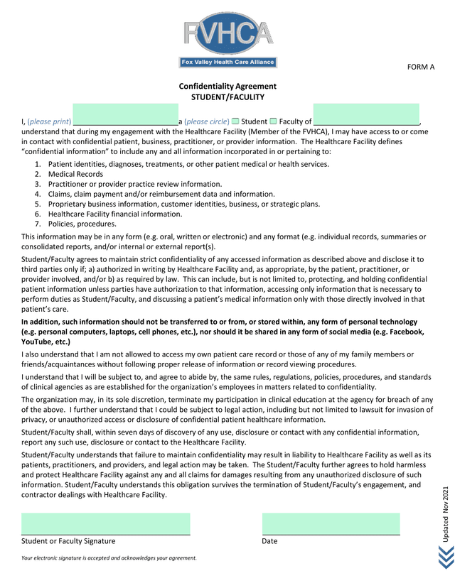 Form A Confidentiality Agreement screenshot