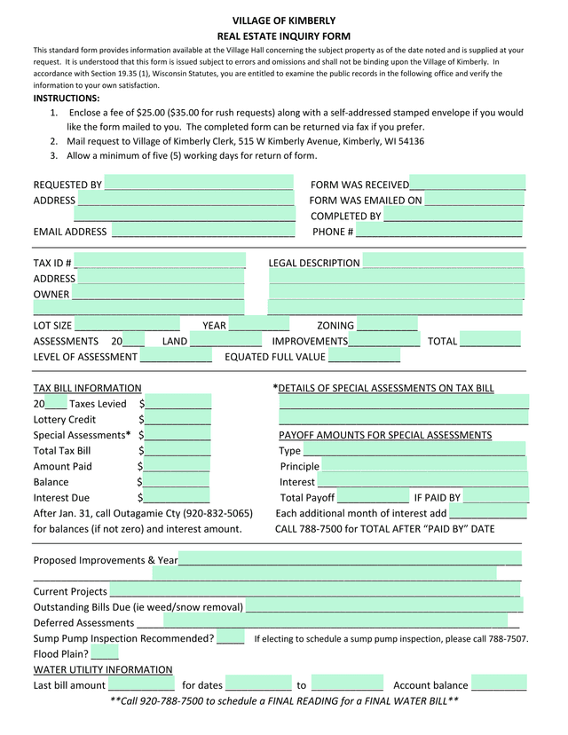 VILLAGE OF KIMBERLY REAL ESTATE INQUIRY FORM screenshot