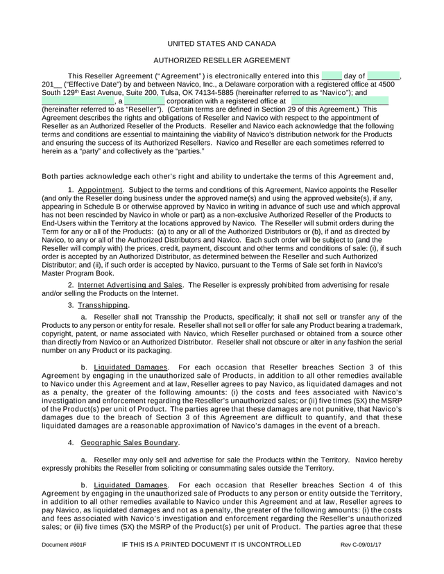 Document 601F Authorized Reseller Agreement screenshot