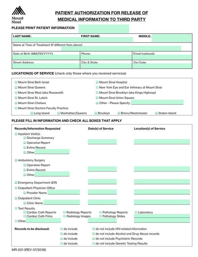 Patient Authorization For Release Of Medical Information To Third Party screenshot