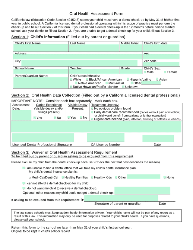 Oral Health Assessment Form screenshot