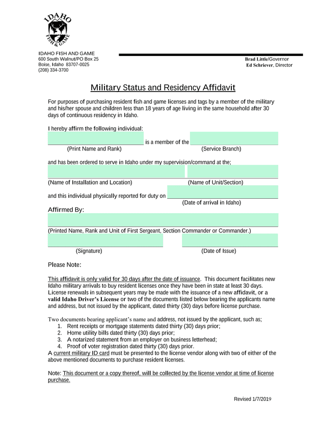 Military Status And Residency Affidavit screenshot