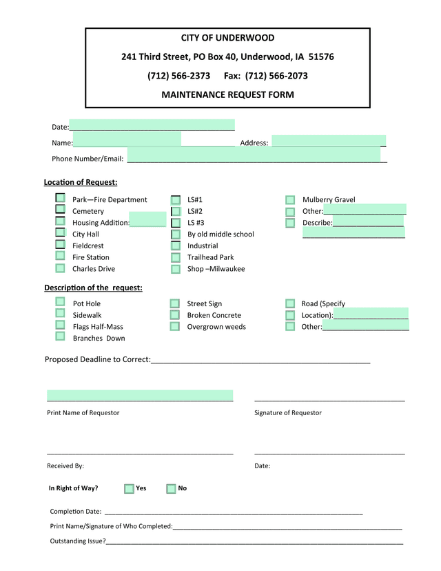 MAINTENANCE REQUEST FORM screenshot