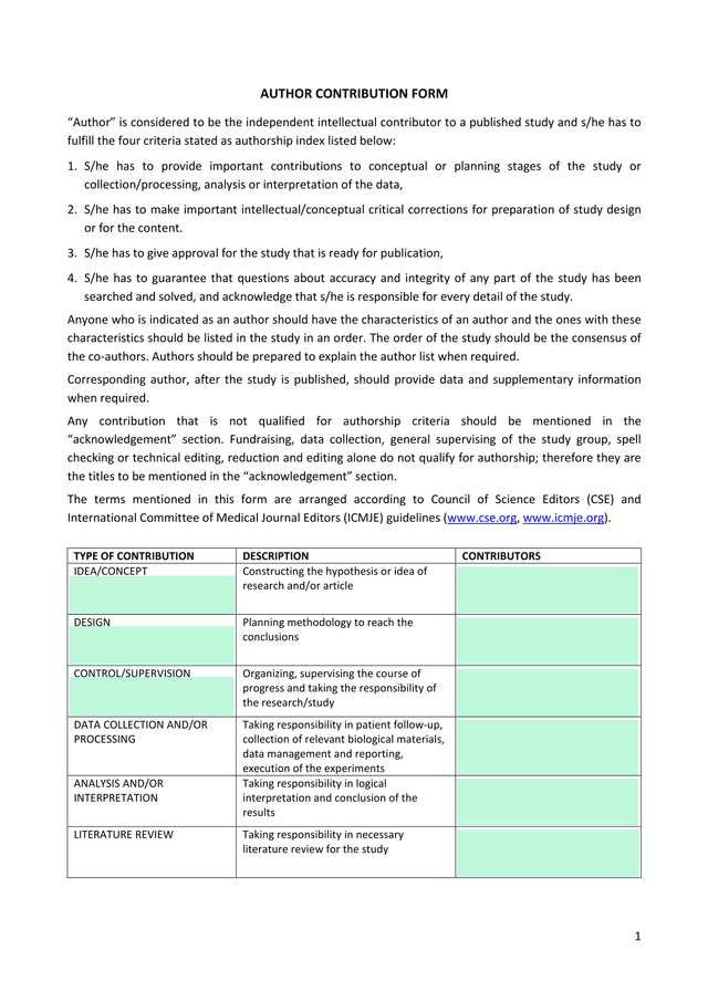 AUTHOR CONTRIBUTION FORM screenshot