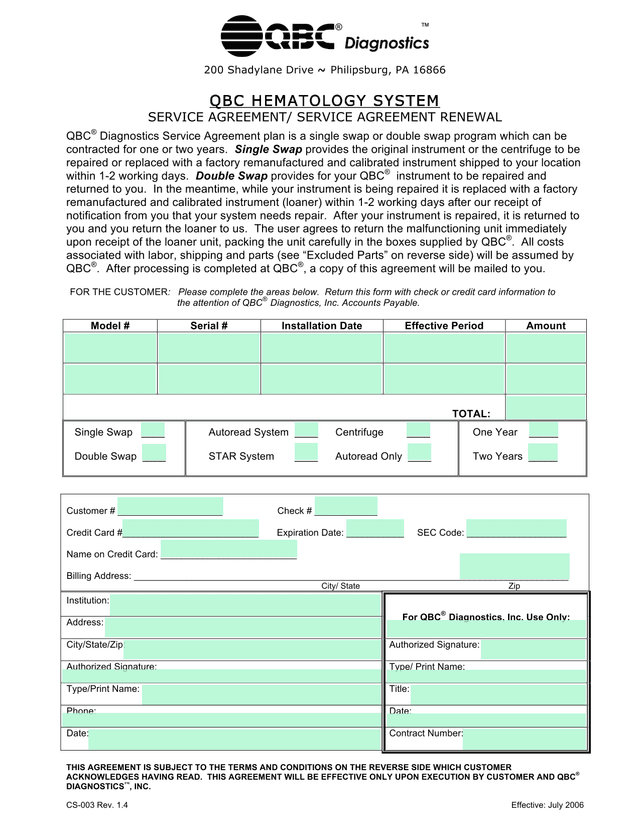 QBC Hematology System Service Agreement screenshot