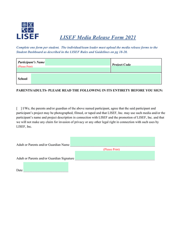 LISEF Media Release Form 2021 screenshot