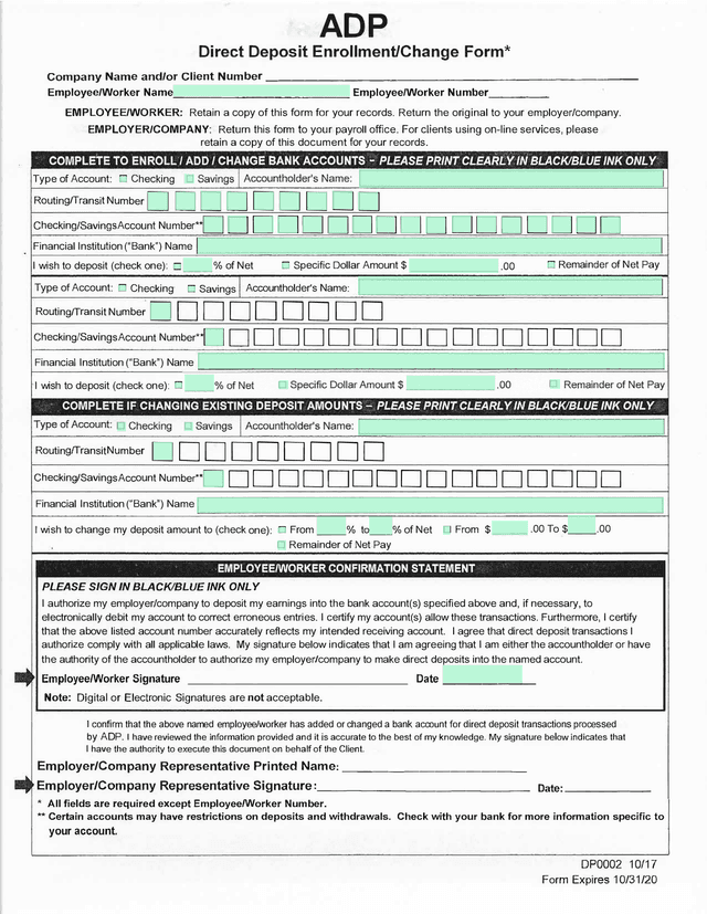 Direct Deposit EnrollmentChange Form screenshot