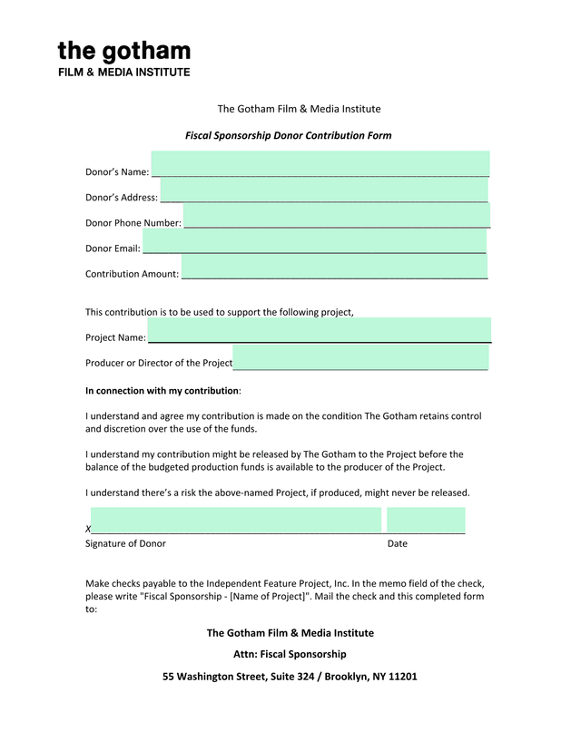 Fiscal Sponsorship Donor Contribution Form screenshot