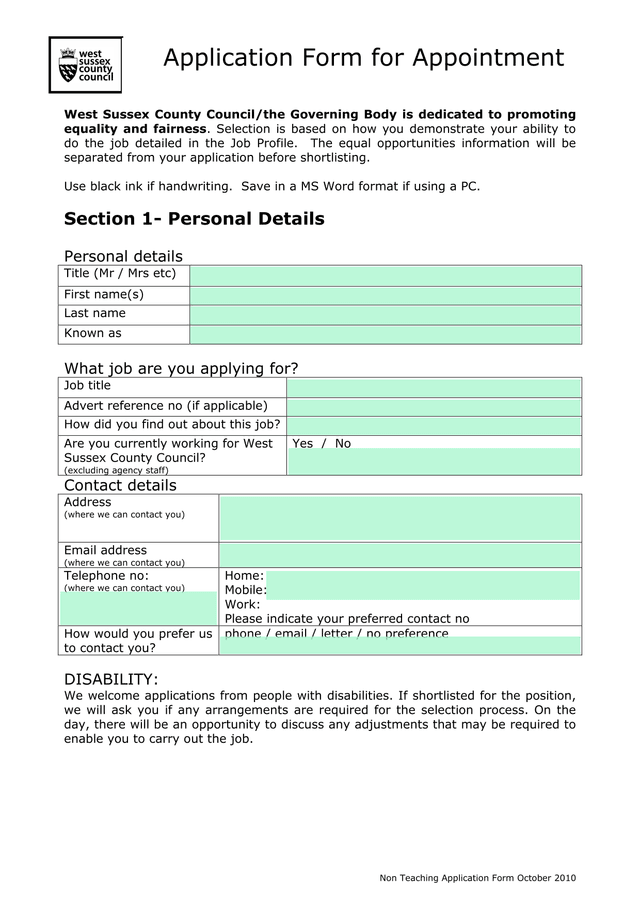 Non Teaching Application Form October 2010 screenshot