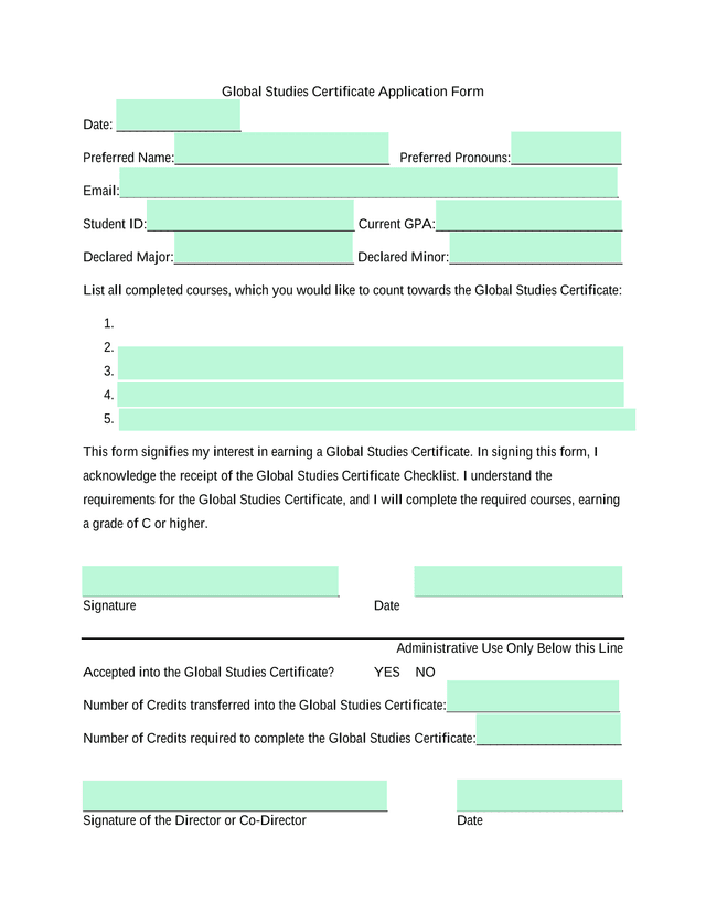 Global Studies Certificate Application Form screenshot