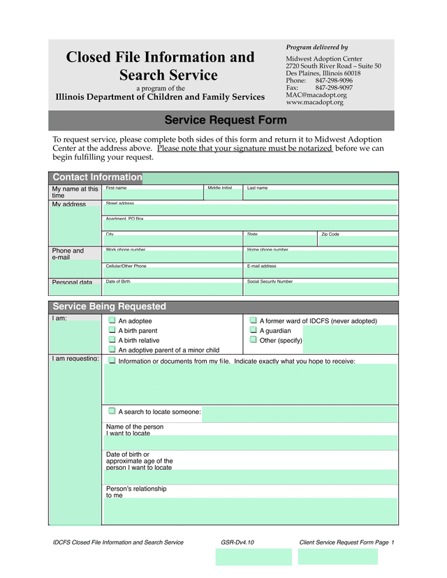 IDCFS Closed File Information And Search Service Request Form screenshot