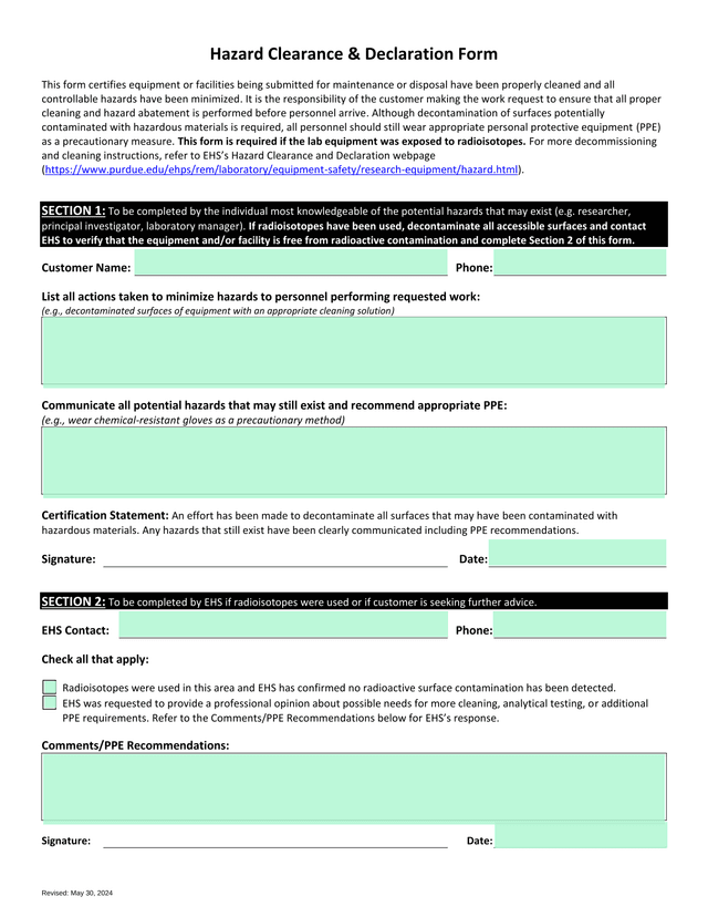 Hazard Clearance  Declaration Form screenshot