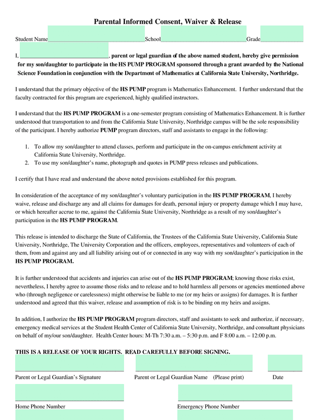Parental Informed Consent, Waiver  Release screenshot