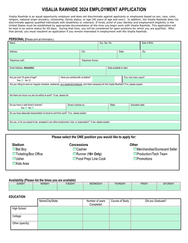 Visalia Rawhide 2024 Employment Application screenshot