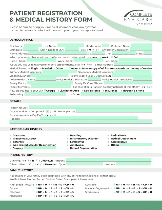 PATIENT REGISTRATION  MEDICAL HISTORY FORM screenshot