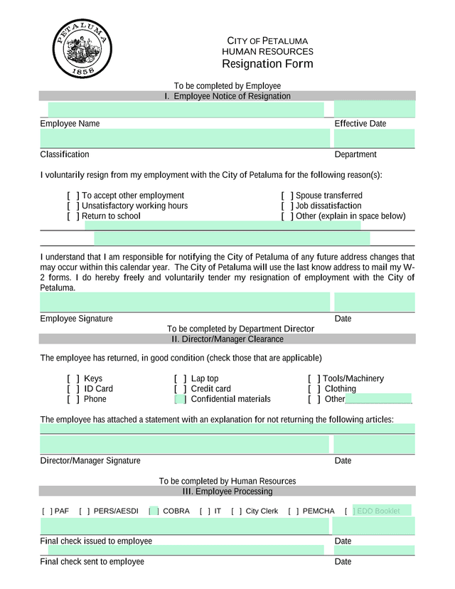 Resignation Form screenshot