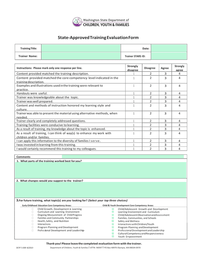 State Approved Training Evaluation Form screenshot