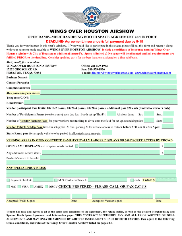 Wings Over Houston Airshow Open Ramp  Merchandising Booth Space Agreement And Invoice screenshot