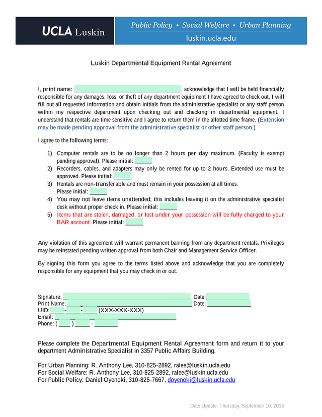Luskin Departmental Equipment Rental Agreement screenshot