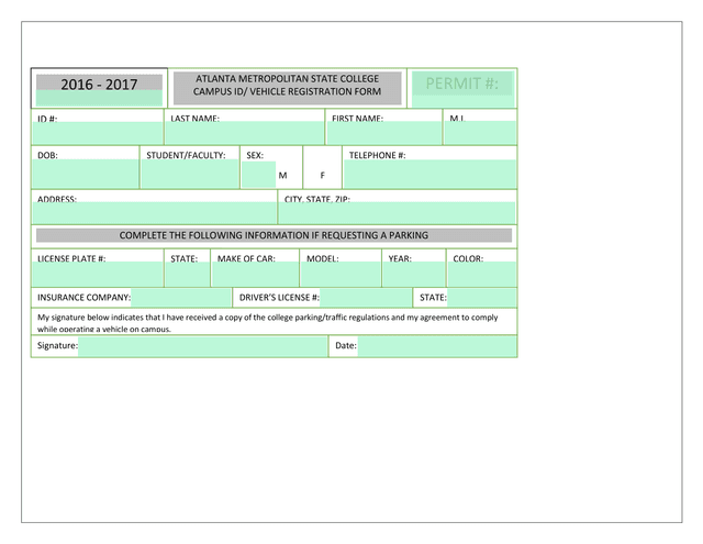 Campus ID Vehicle Registration Form screenshot