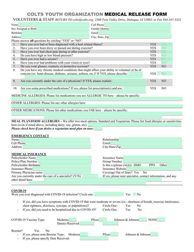 COLTS YOUTH ORGANIZATION MEDICAL RELEASE FORM screenshot
