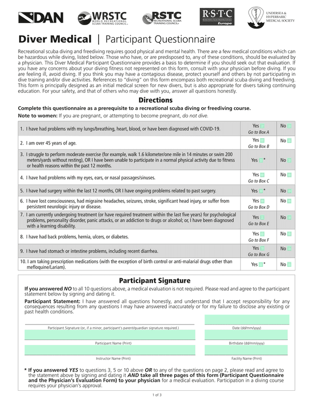 Diver Medical Participant Questionnaire screenshot