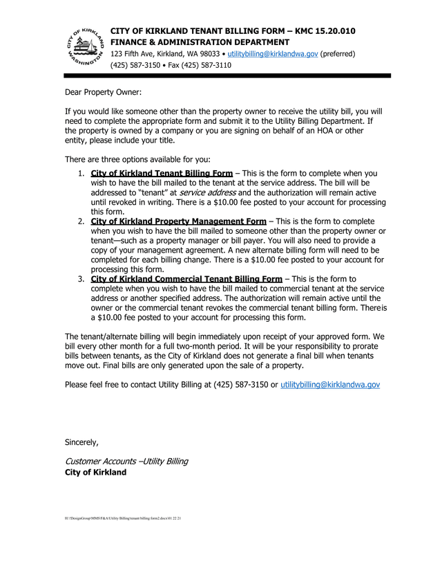 City Of Kirkland Tenant Billing Form screenshot