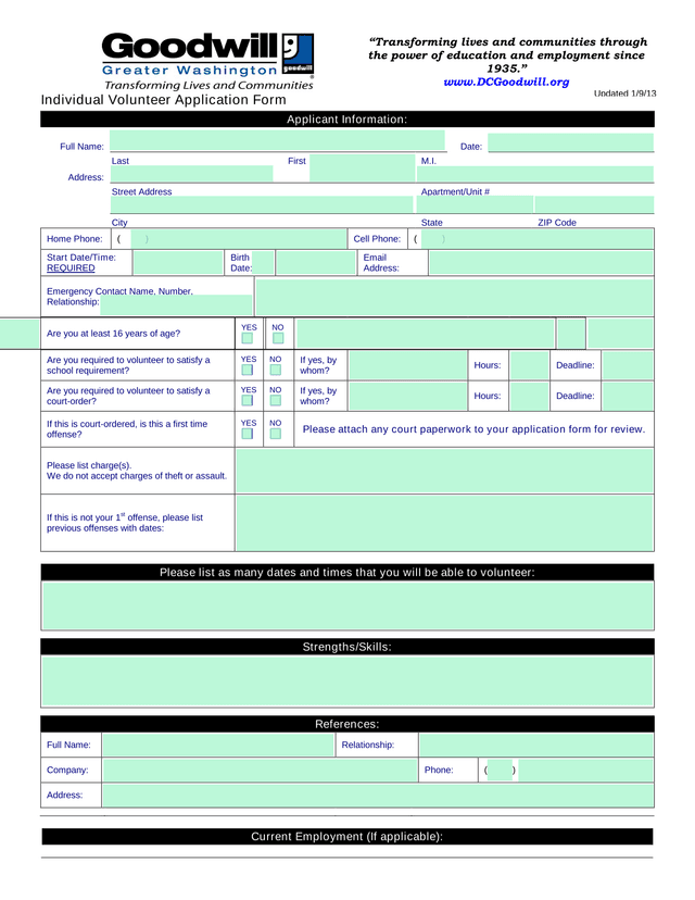 Individual Volunteer Application Form screenshot