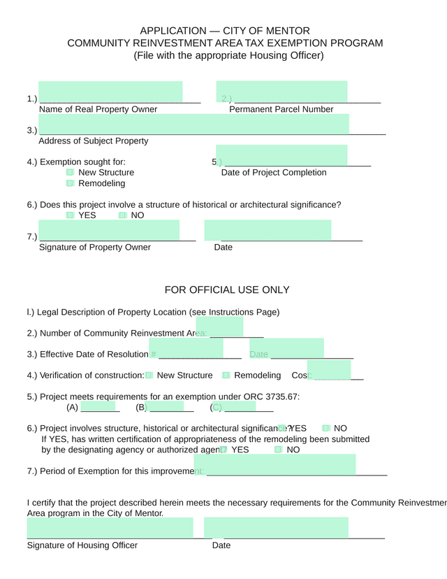APPLICATION  CITY OF MENTOR COMMUNITY REINVESTMENT AREA TAX EXEMPTION PROGRAM screenshot
