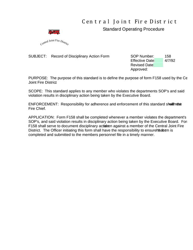 Record Of Disciplinary Action Form screenshot