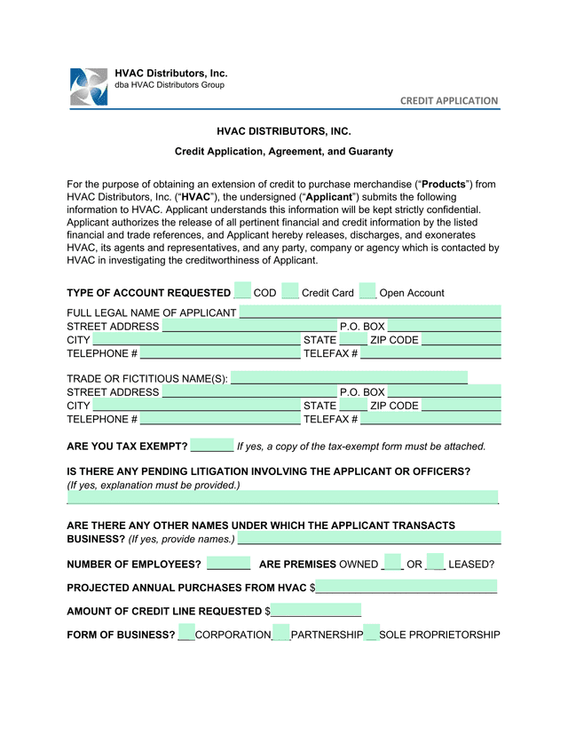 HVAC Distributors, Inc. Credit Application, Agreement, And Guaranty screenshot