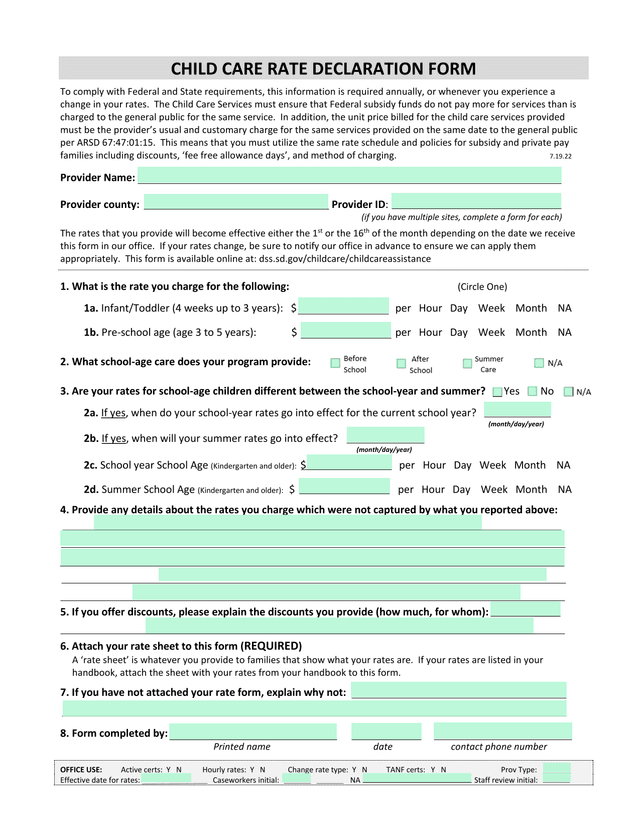 Child Care Rate Declaration Form screenshot