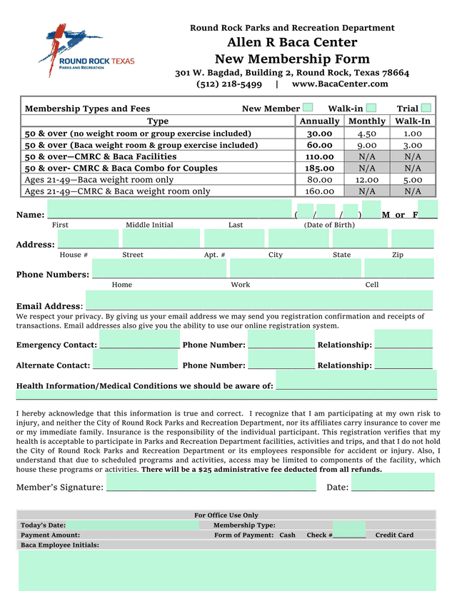 Allen R Baca Center New Membership Form screenshot