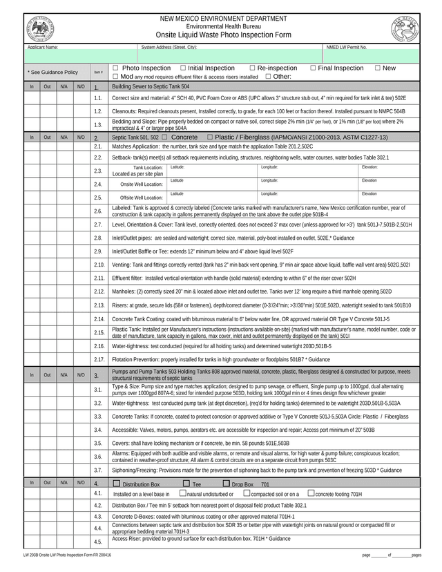 Onsite Liquid Waste Photo Inspection Form screenshot