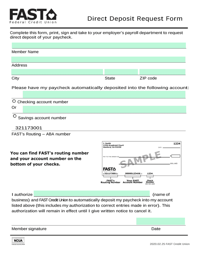 Direct Deposit Request Form screenshot
