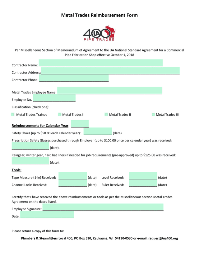 Metal Trades Reimbursement Form screenshot