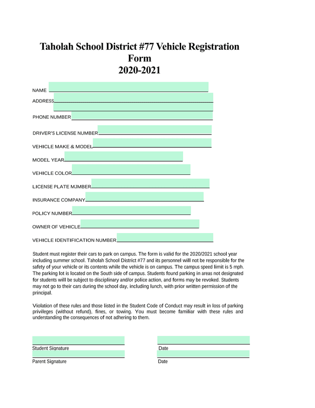 Taholah School District 77 Vehicle Registration Form screenshot