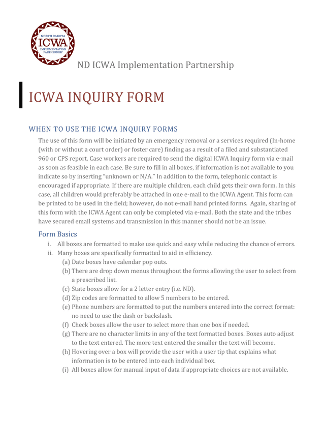 ICWA INQUIRY FORM screenshot