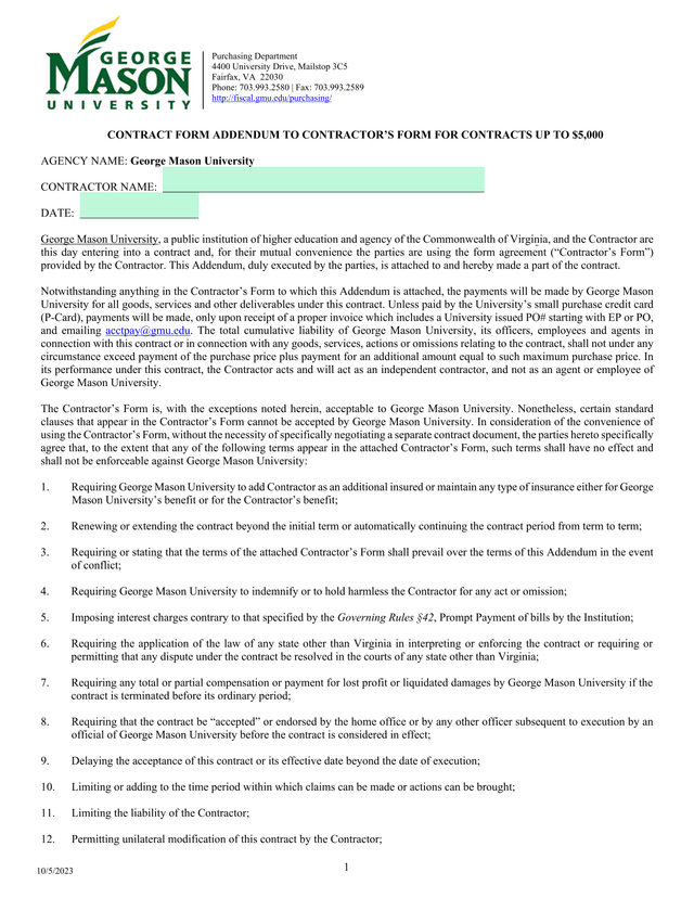 CONTRACT FORM ADDENDUM TO CONTRACTORS FORM FOR CONTRACTS UP TO 5,000 screenshot