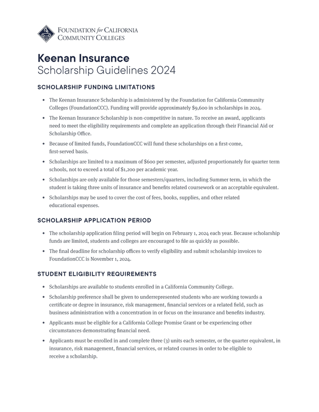 Keenan Insurance Scholarship Guidelines 2024 screenshot