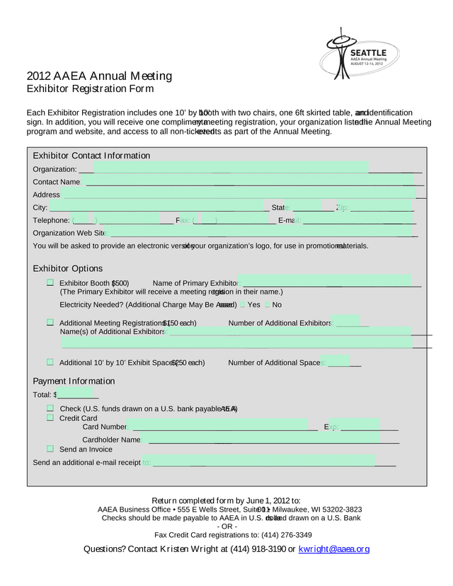 2012 AAEA Annual Meeting Exhibitor Registration Form screenshot