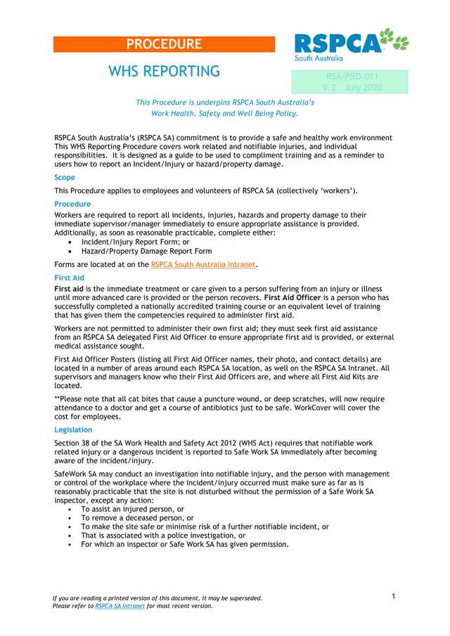WHS REPORTING Procedure screenshot