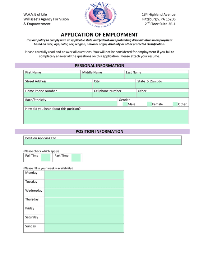 APPLICATION OF EMPLOYMENT screenshot