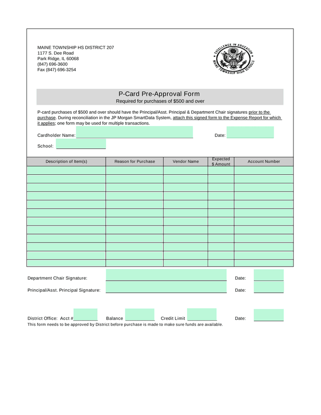 P Card Pre Approval Form screenshot