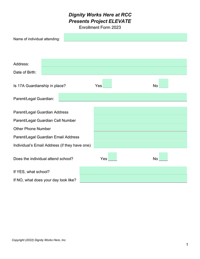 Project ELEVATE Enrollment Form 2023 screenshot