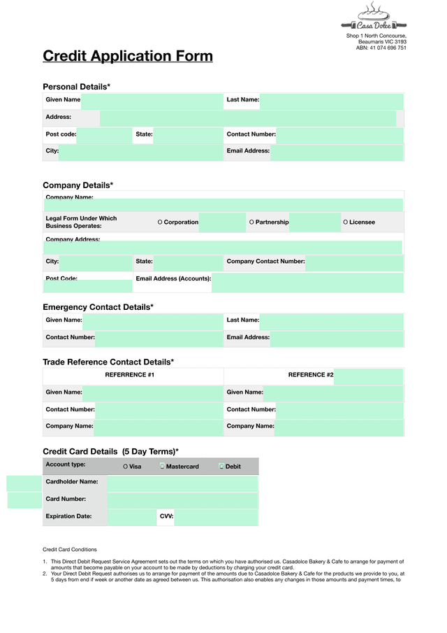 Credit Application Form screenshot