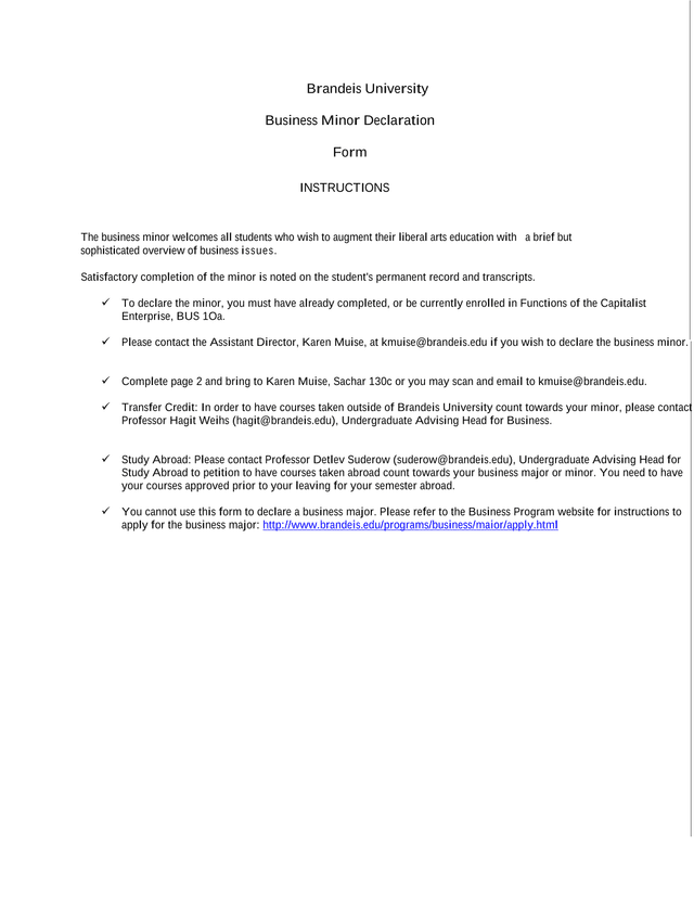 Brandeis University Business Minor Declaration Form screenshot